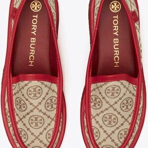 Tory Burch red leather and beige T Monogram Buddy Loafer size 9
